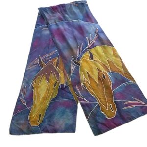 Silk Scarf Rectangle 11x56 Hand Dyed Horses Signed B. Tyson
